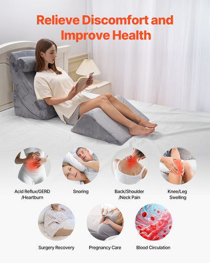 Wedge Pillow for Sleeping, 4 Pcs Adjustable Orthopedic Bed Wedge Set, Support Leg Neck Shoulder, Post Surgery Pillow for Back Pain, Acid Reflux, Snoring Relief, Sitting up in Bed, Dark Grey