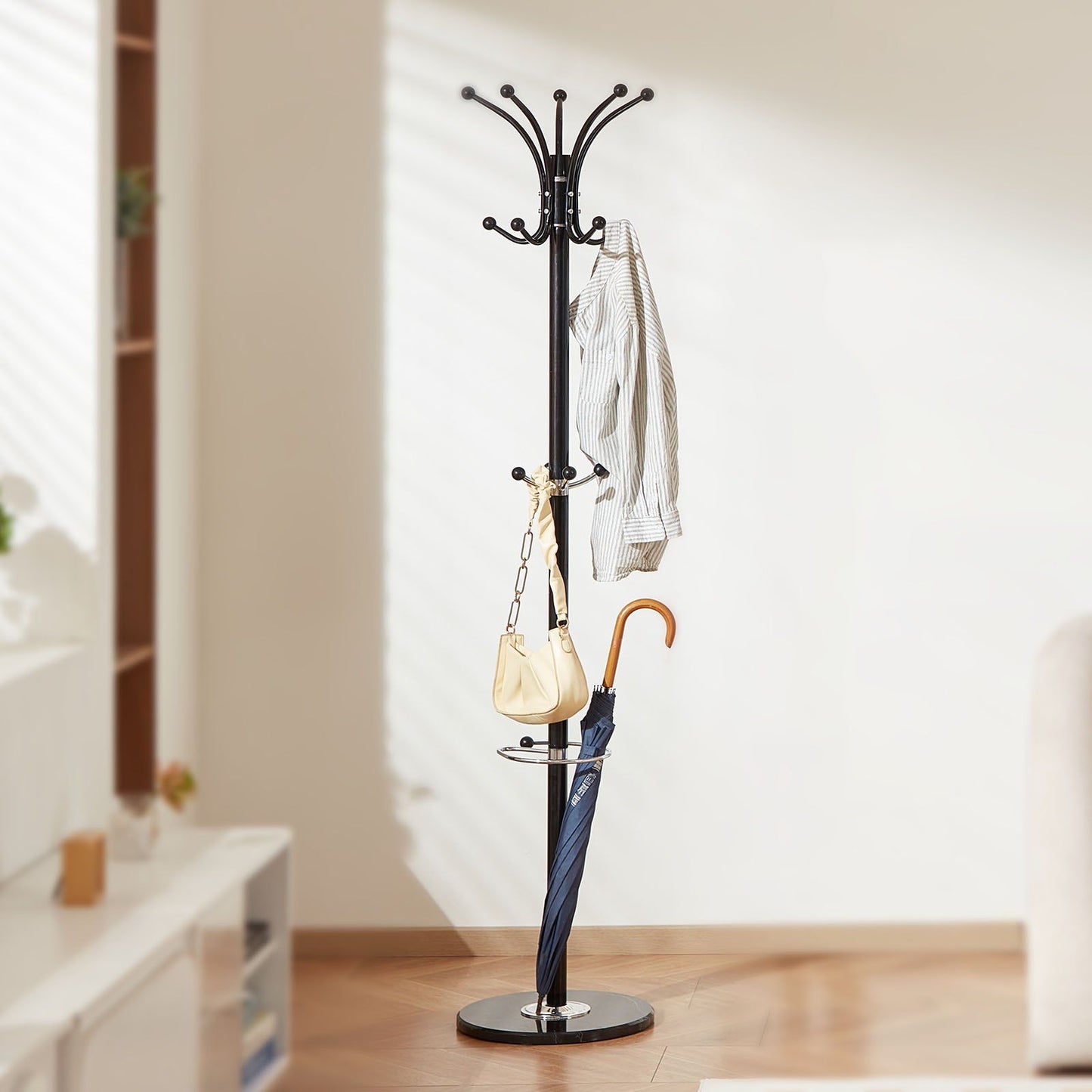 Freestanding Coat Rack, Metal Coats Rack Stand with Umbrella Holder, Stable Marble Base & 14 Hooks, Hall Coat Tree for Entryway, Bedroom, Living Room, Stylish Coats Hanger for Hats, Scarves, Bag