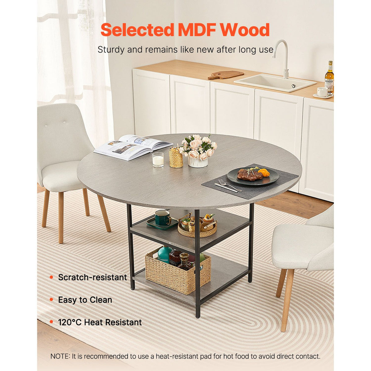 Round Dining Table, 47 inch Wood Table for 4-6 Person, Modern Circle Dinner Furniture, Leisure Tables with Storage Shelf and Metal Legs, for Home Kitchen Living Room, Grey (Only Table)