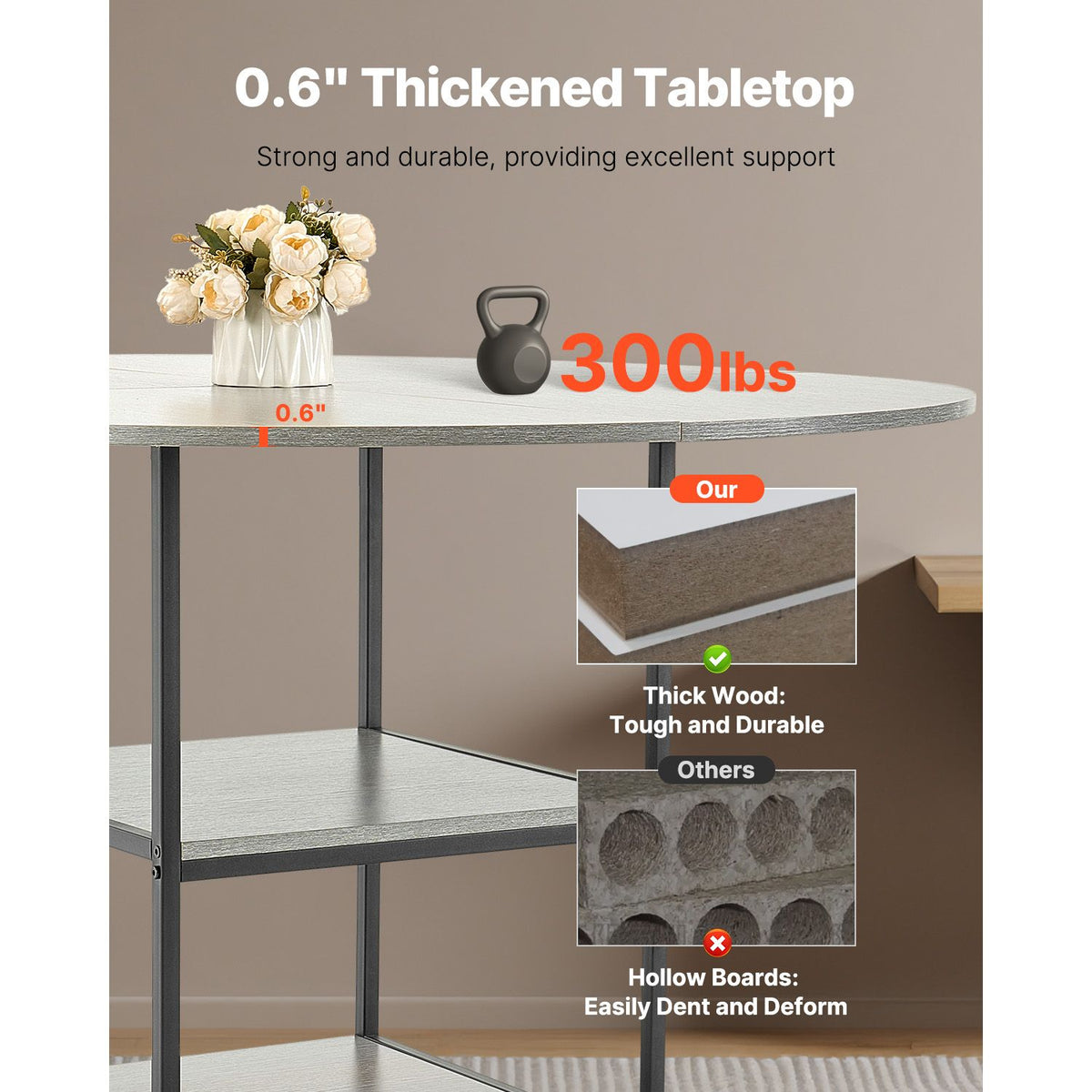 Round Dining Table, 47 inch Wood Table for 4-6 Person, Modern Circle Dinner Furniture, Leisure Tables with Storage Shelf and Metal Legs, for Home Kitchen Living Room, Grey (Only Table)