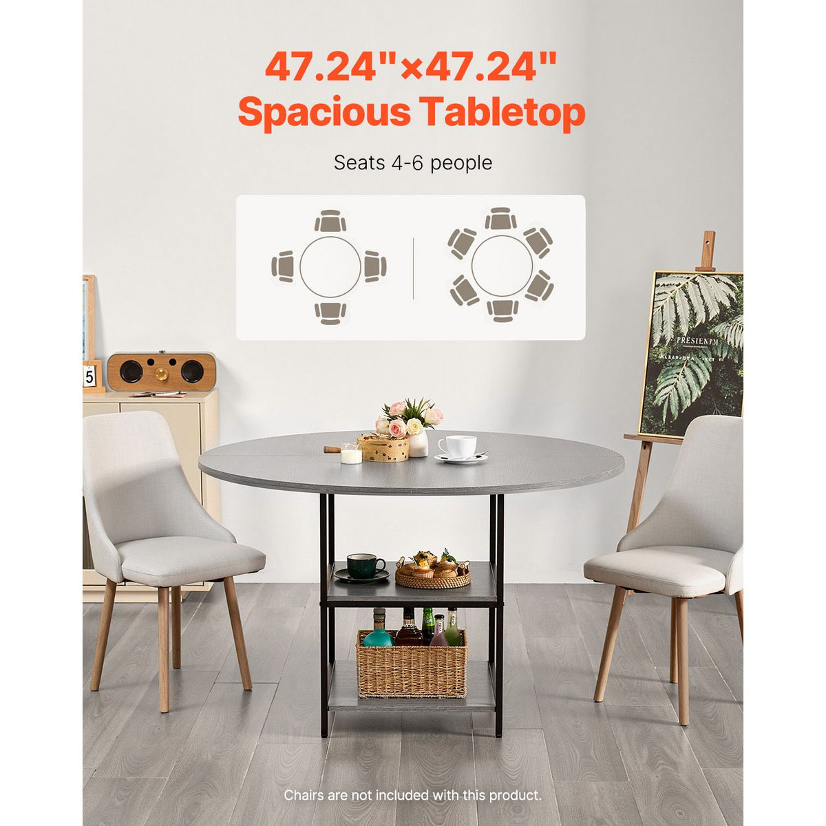 Round Dining Table, 47 inch Wood Table for 4-6 Person, Modern Circle Dinner Furniture, Leisure Tables with Storage Shelf and Metal Legs, for Home Kitchen Living Room, Grey (Only Table)