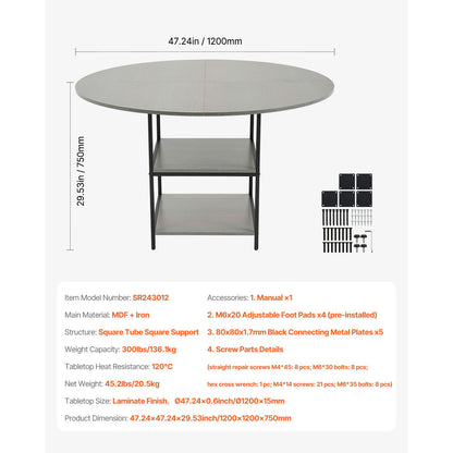Round Dining Table, 47 inch Wood Table for 4-6 Person, Modern Circle Dinner Furniture, Leisure Tables with Storage Shelf and Metal Legs, for Home Kitchen Living Room, Grey (Only Table)