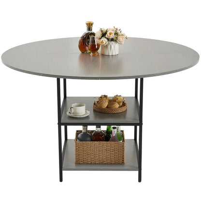 Round Dining Table, 47 inch Wood Table for 4-6 Person, Modern Circle Dinner Furniture, Leisure Tables with Storage Shelf and Metal Legs, for Home Kitchen Living Room, Grey (Only Table)
