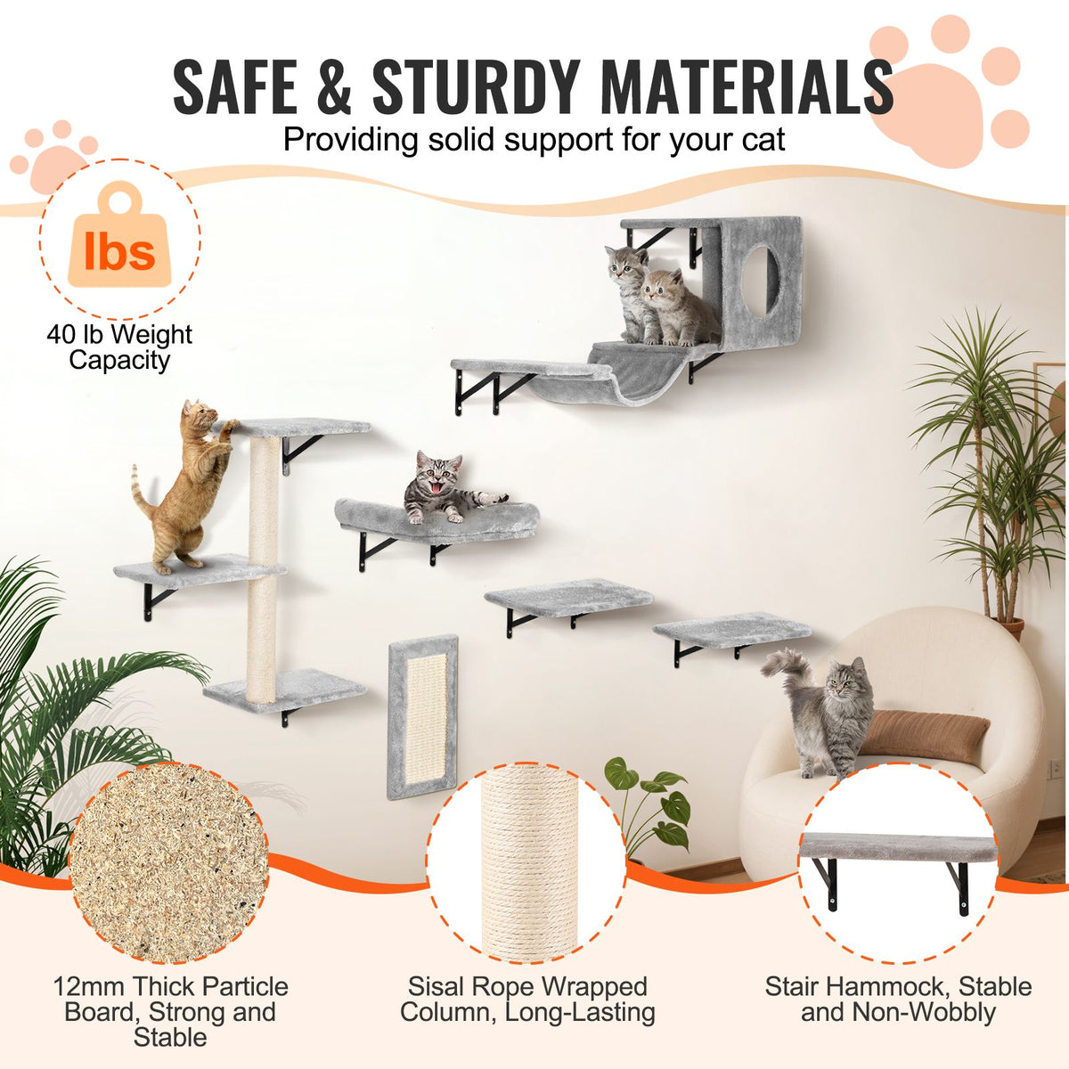 Wall Mounted Cat Shelves, Cat Wall Shelves and Perches with Jumping Boards, Hammock, Sofa, Cat Tree & Cat Grip, Cat Furniture and Shelves up to 40 lbs for Sleeping, Playing, Climbing, Set of 6