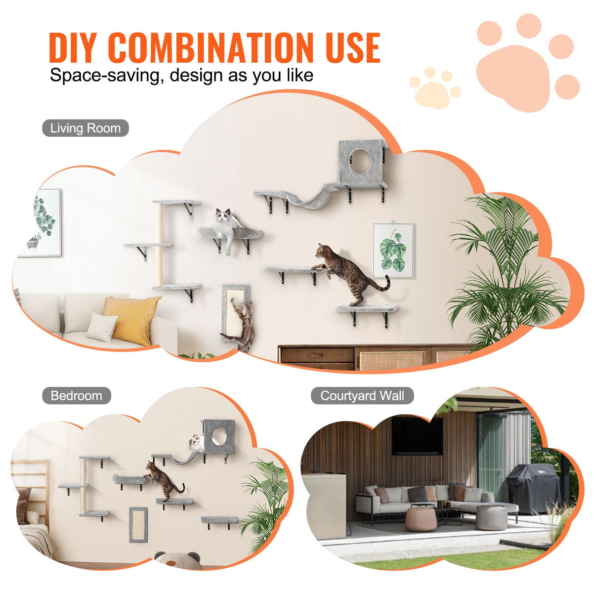 Wall Mounted Cat Shelves, Cat Wall Shelves and Perches with Jumping Boards, Hammock, Sofa, Cat Tree & Cat Grip, Cat Furniture and Shelves up to 40 lbs for Sleeping, Playing, Climbing, Set of 6