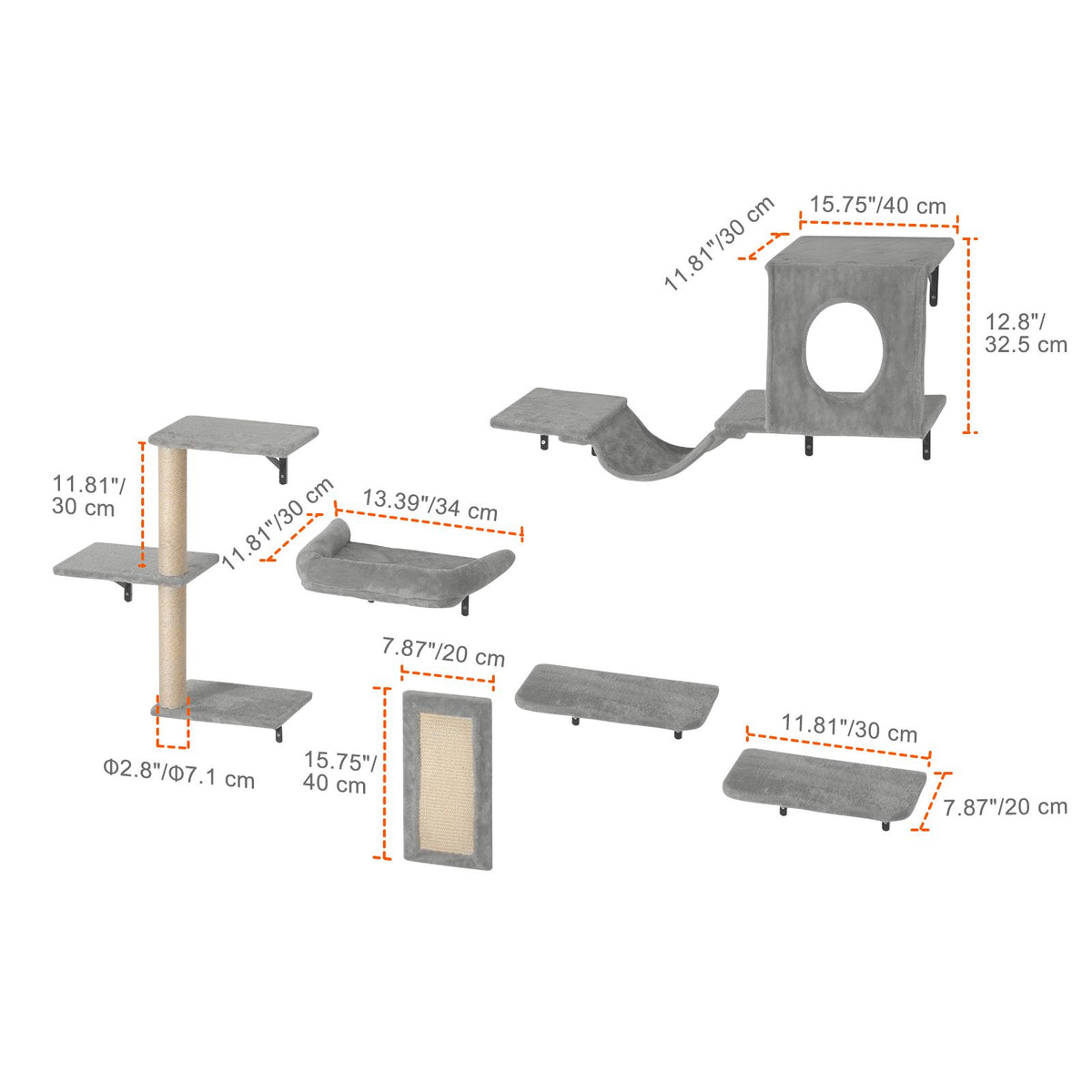 Wall Mounted Cat Shelves, Cat Wall Shelves and Perches with Jumping Boards, Hammock, Sofa, Cat Tree & Cat Grip, Cat Furniture and Shelves up to 40 lbs for Sleeping, Playing, Climbing, Set of 6