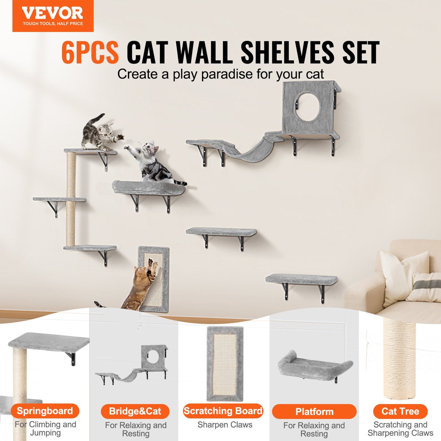 Wall Mounted Cat Shelves, Cat Wall Shelves and Perches with Jumping Boards, Hammock, Sofa, Cat Tree & Cat Grip, Cat Furniture and Shelves up to 40 lbs for Sleeping, Playing, Climbing, Set of 6
