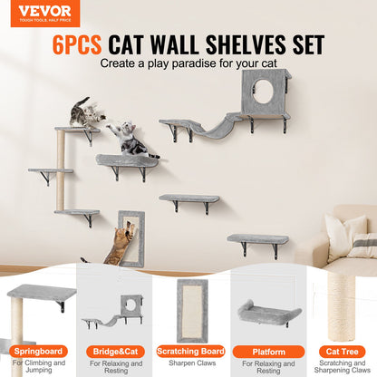 Wall Mounted Cat Shelves, Cat Wall Shelves and Perches with Jumping Boards, Hammock, Sofa, Cat Tree & Cat Grip, Cat Furniture and Shelves up to 40 lbs for Sleeping, Playing, Climbing, Set of 6