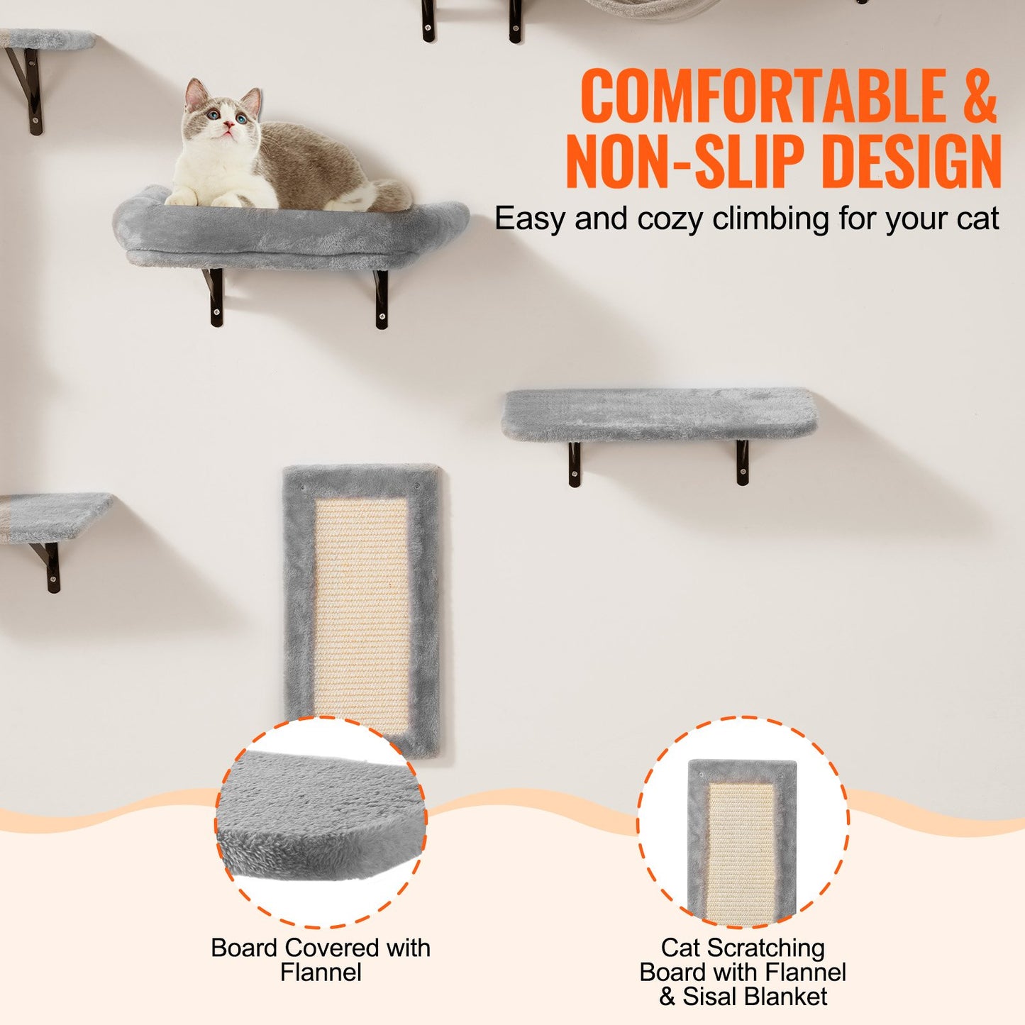 Wall Mounted Cat Shelves, Cat Wall Shelves and Perches with Jumping Boards, Hammock, Sofa, Cat Tree & Cat Grip, Cat Furniture and Shelves up to 40 lbs for Sleeping, Playing, Climbing, Set of 6