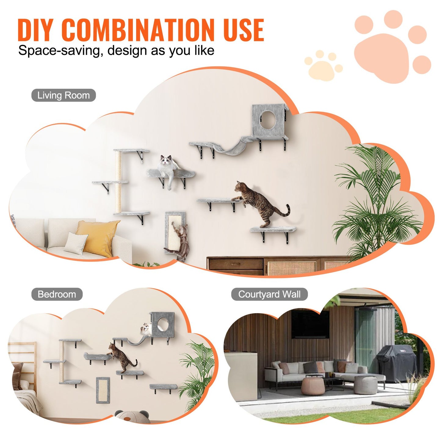Wall Mounted Cat Shelves, Cat Wall Shelves and Perches with Jumping Boards, Hammock, Sofa, Cat Tree & Cat Grip, Cat Furniture and Shelves up to 40 lbs for Sleeping, Playing, Climbing, Set of 6