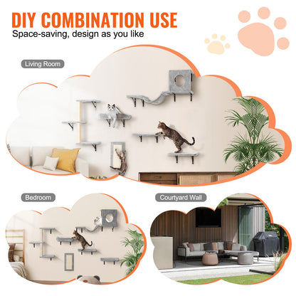 Wall Mounted Cat Shelves, Cat Wall Shelves and Perches with Jumping Boards, Hammock, Sofa, Cat Tree & Cat Grip, Cat Furniture and Shelves up to 40 lbs for Sleeping, Playing, Climbing, Set of 6