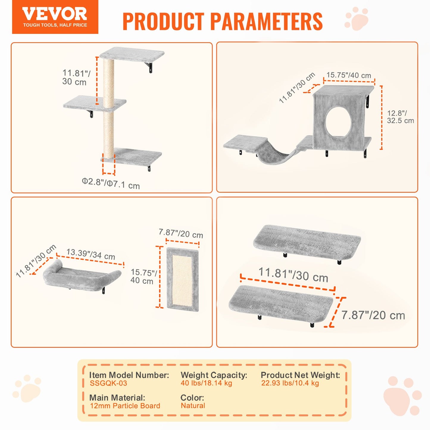 Wall Mounted Cat Shelves, Cat Wall Shelves and Perches with Jumping Boards, Hammock, Sofa, Cat Tree & Cat Grip, Cat Furniture and Shelves up to 40 lbs for Sleeping, Playing, Climbing, Set of 6