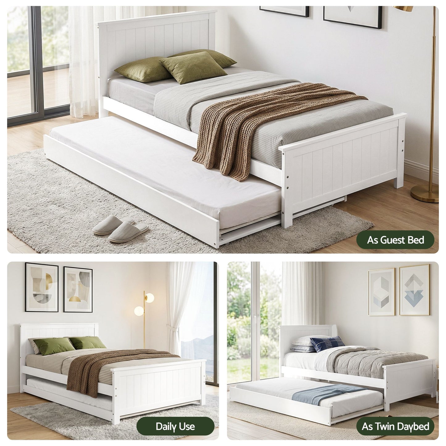 Artiss Single Bed Frame with Trundle Solid Wood Toddler Bunk Bed with Headboard White