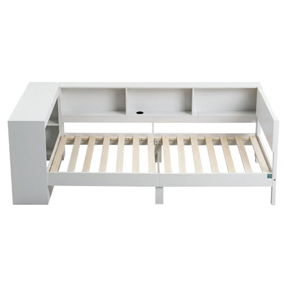 Artiss White Single Solid Wood Corner Platform Bed Frame with Built-in Desk, Storage Shelves and USB-C Charging Station for Small Spaces, Wooden Bed Base for Guest Room