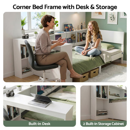 Artiss White Single Solid Wood Corner Platform Bed Frame with Built-in Desk, Storage Shelves and USB-C Charging Station for Small Spaces, Wooden Bed Base for Guest Room