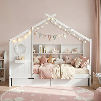 Artiss Kids Single Bed Frame with 3 Storage Bookcase & 2 Drawers House Bed Solid Wood Montessori Bed Easy Assembly White