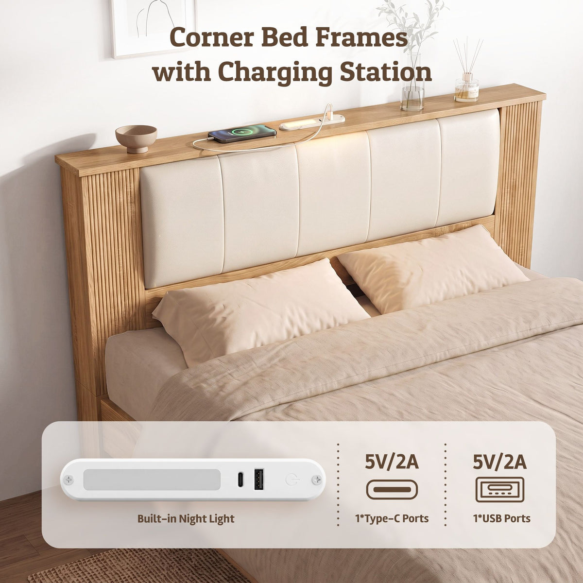 Artiss Queen Bed Frame with 2 Drawers, PU Leather Headboard & Charging Station