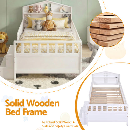 Artiss Single Bed Frame with 2 Storage Drawers, Montessori Bed with Headboard, 2 USB Ports & Led Light, Solid Wood Platform Bed Base with Safety Rail & Ladder, 31CM Under-Bed Storage, White