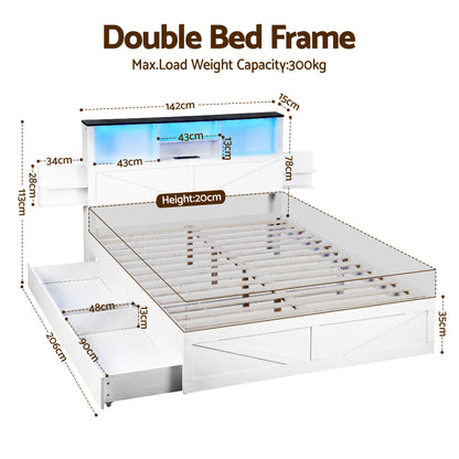 Artiss Double Bed Frame with Storage Drawers White Platform Bedframe with Bookcase Headboard Charging Station Led Light