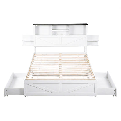Artiss Double Bed Frame with Storage Drawers White Platform Bedframe with Bookcase Headboard Charging Station Led Light