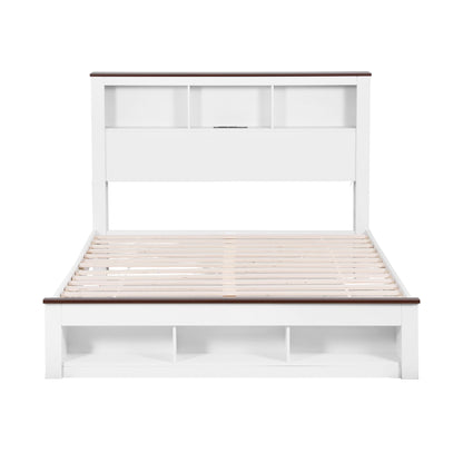 Artiss Queen Bed Frame with Storage Bookcase Headboard and Footboard White Wooden Platform Bed with Charging Station and Led Light Bedroom Furniture