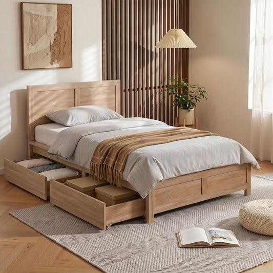 Artiss Single Bed Frame with 2 Drawers Wooden Bed Base Walnut