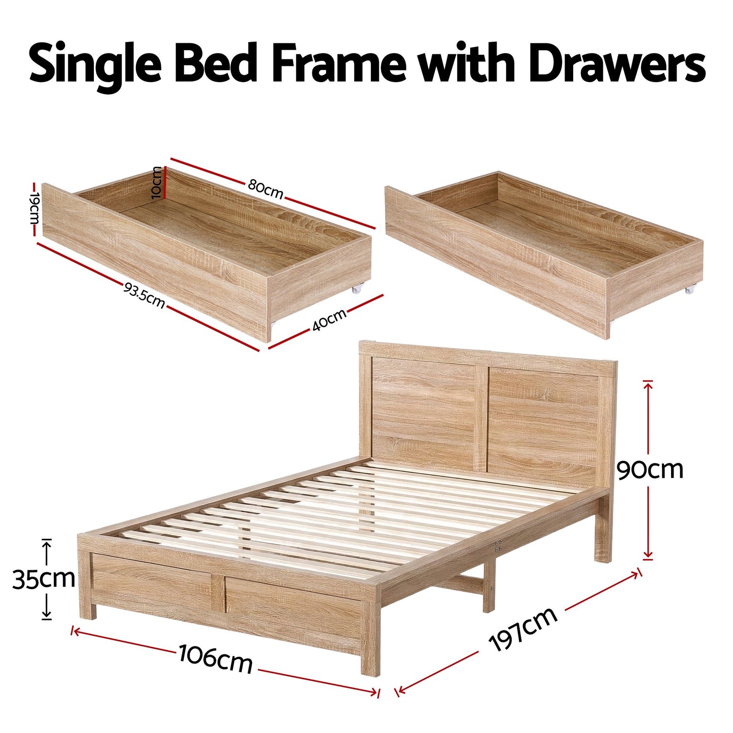 Artiss Single Bed Frame with 2 Drawers Wooden Bed Base Walnut