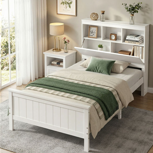 Artiss Single Bed Frame with Storage Headboard and Footboard Wooden Bed Base White