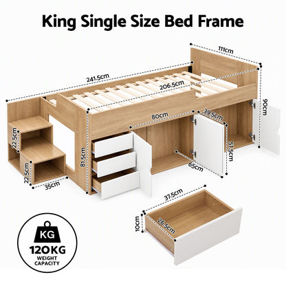 Artiss King Single Bed Frame with Storage, 3 Drawers and Two-Step Access, 2 Cabinets