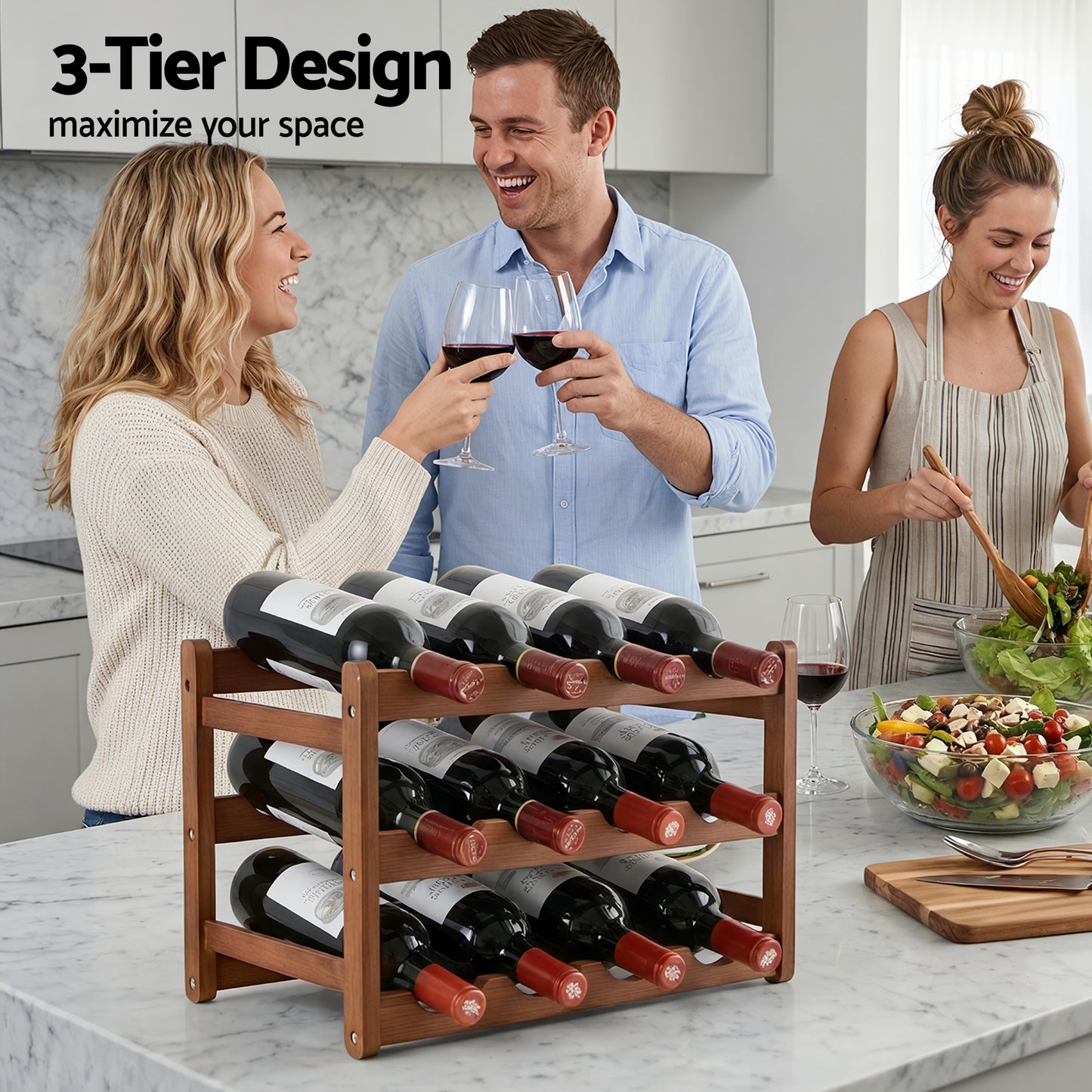 Artiss Bamboo Wine Rack 3-Tier Display Storage Organizer 12 Bottle Walnut