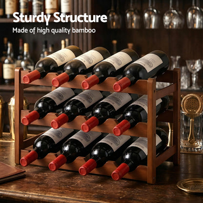 Artiss Bamboo Wine Rack 3-Tier Display Storage Organizer 12 Bottle Walnut