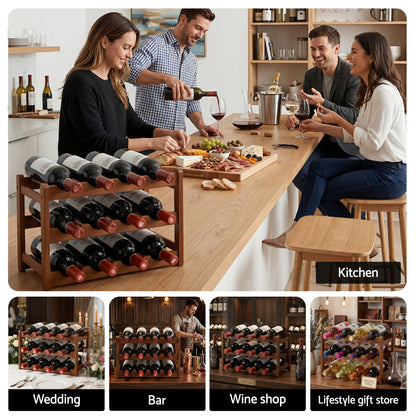 Artiss Bamboo Wine Rack 3-Tier Display Storage Organizer 12 Bottle Walnut