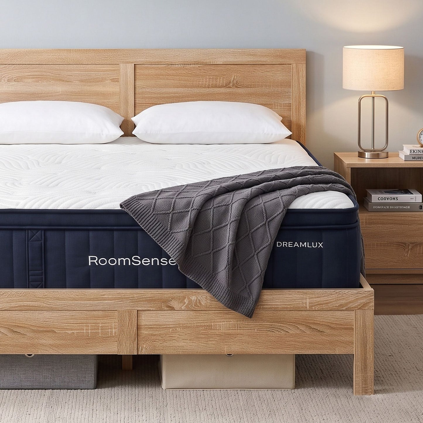 RoomSense Double 34cm Medium Soft Gel Mattress Bundle, Oatmeal Bed Frame