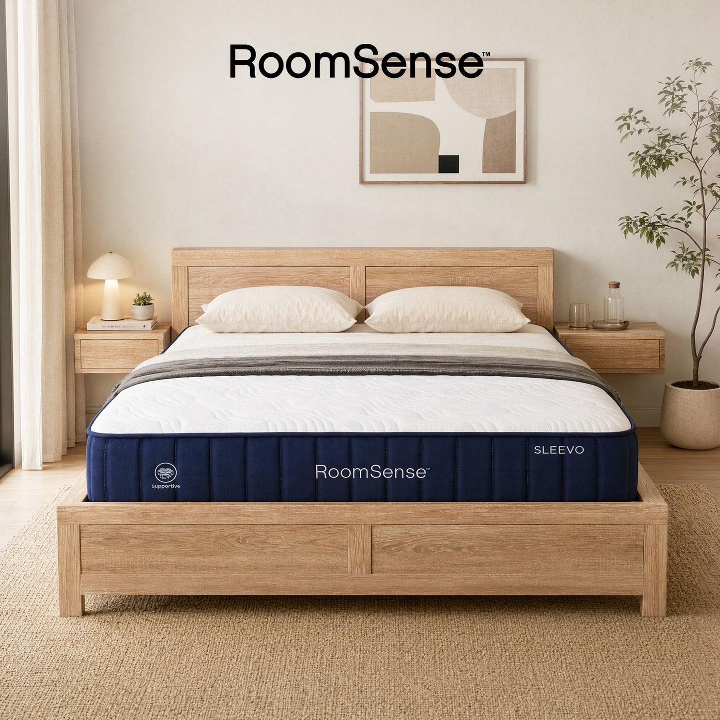 RoomSense Double 26cm Firm Mattress Bundle with Oatmeal Wooden Bed Frame