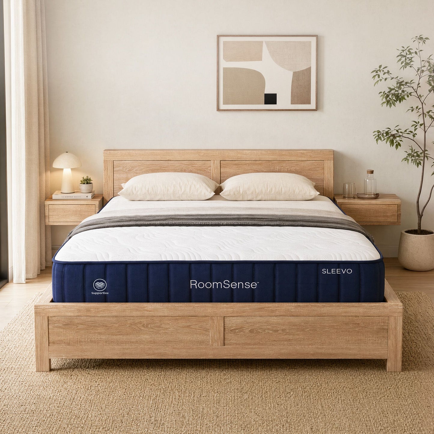 RoomSense Double 26cm Firm Mattress Bundle with Oatmeal Wooden Bed Frame