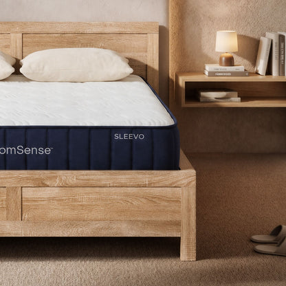 RoomSense Queen 26cm Firm Mattress Bundle with Oatmeal Wooden Bed Frame