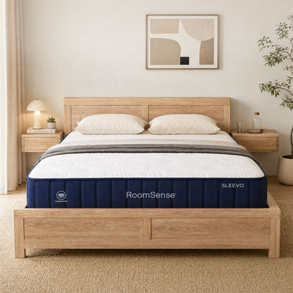 RoomSense Queen 26cm Firm Mattress Bundle with Oatmeal Wooden Bed Frame