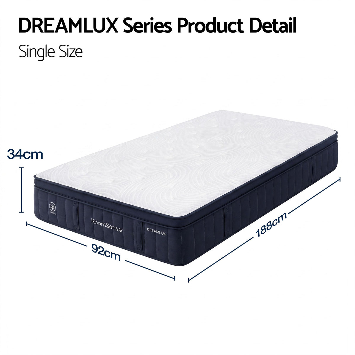 RoomSense Single Mattress, 34cm Thick Medium Firm Hybrid Mattress for Back Pain Relief, Tencel Cooling Pocket Spring Mattress Single Size in a Box