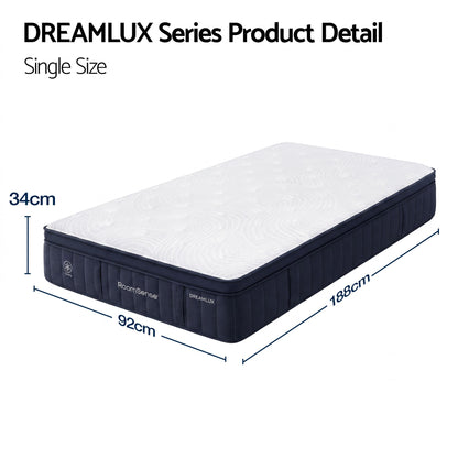 RoomSense Single Mattress, 34cm Thick Medium Firm Hybrid Mattress for Back Pain Relief, Tencel Cooling Pocket Spring Mattress Single Size in a Box