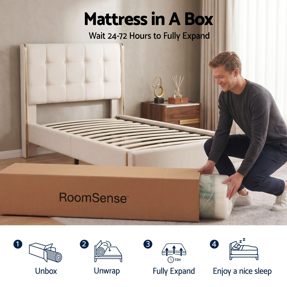RoomSense Single Mattress, 34cm Thick Medium Firm Hybrid Mattress for Back Pain Relief, Tencel Cooling Pocket Spring Mattress Single Size in a Box