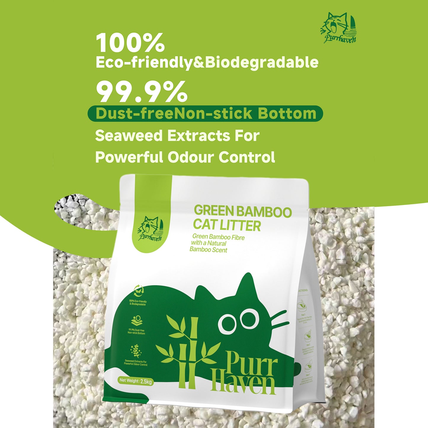 PurrHaven Bamboo Clumping Cat & Kitty Litter, 30kg 12 Pack,Dust Free,Natural Flusable,Easy to Clean,Odour Neutraliser,Rapid Liquid Absorption,Non-Toxic Formula