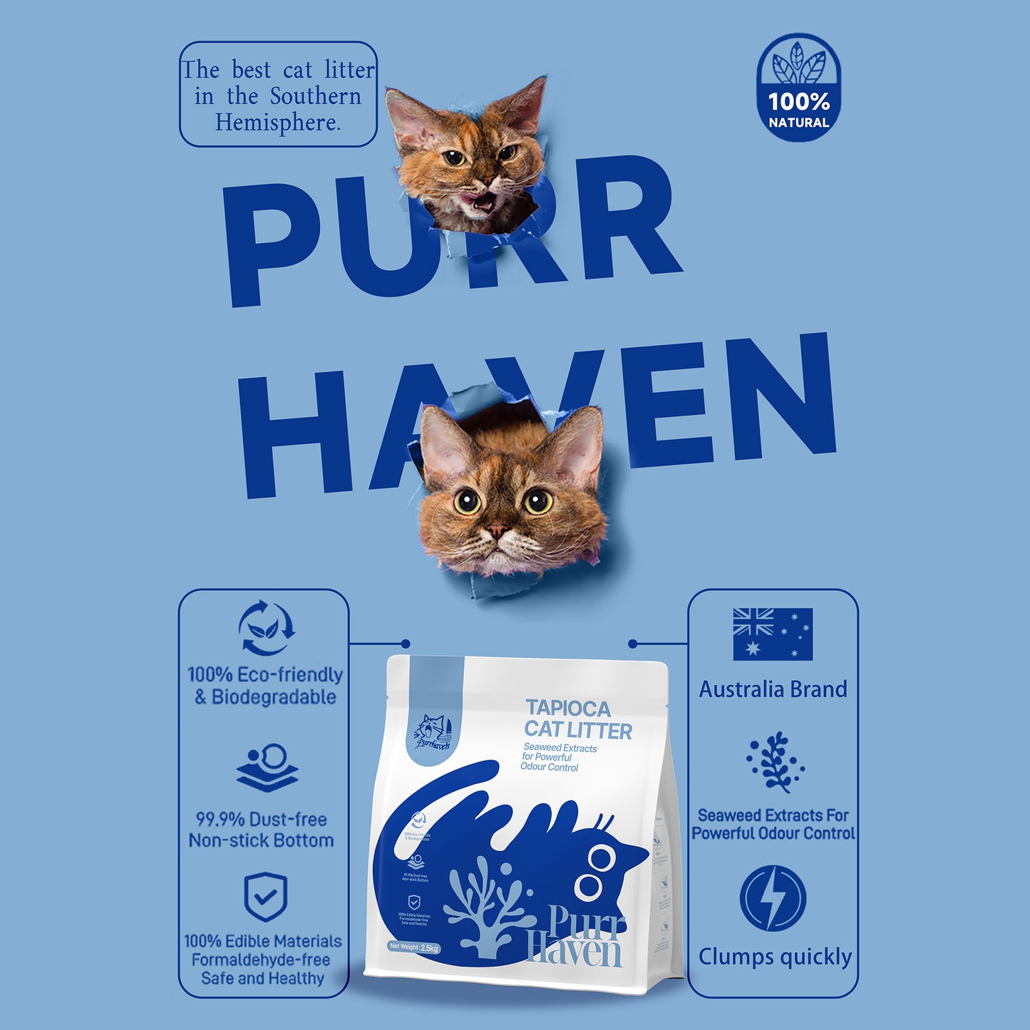 PurrHaven Tapioca Clumping Cat & Kitty Litter, 30kg (12 Pack),Dust Free,Plant-Based,Easy to Clean,Odour Neutraliser,Rapid Liquid Absorption,Non-Toxic Formula