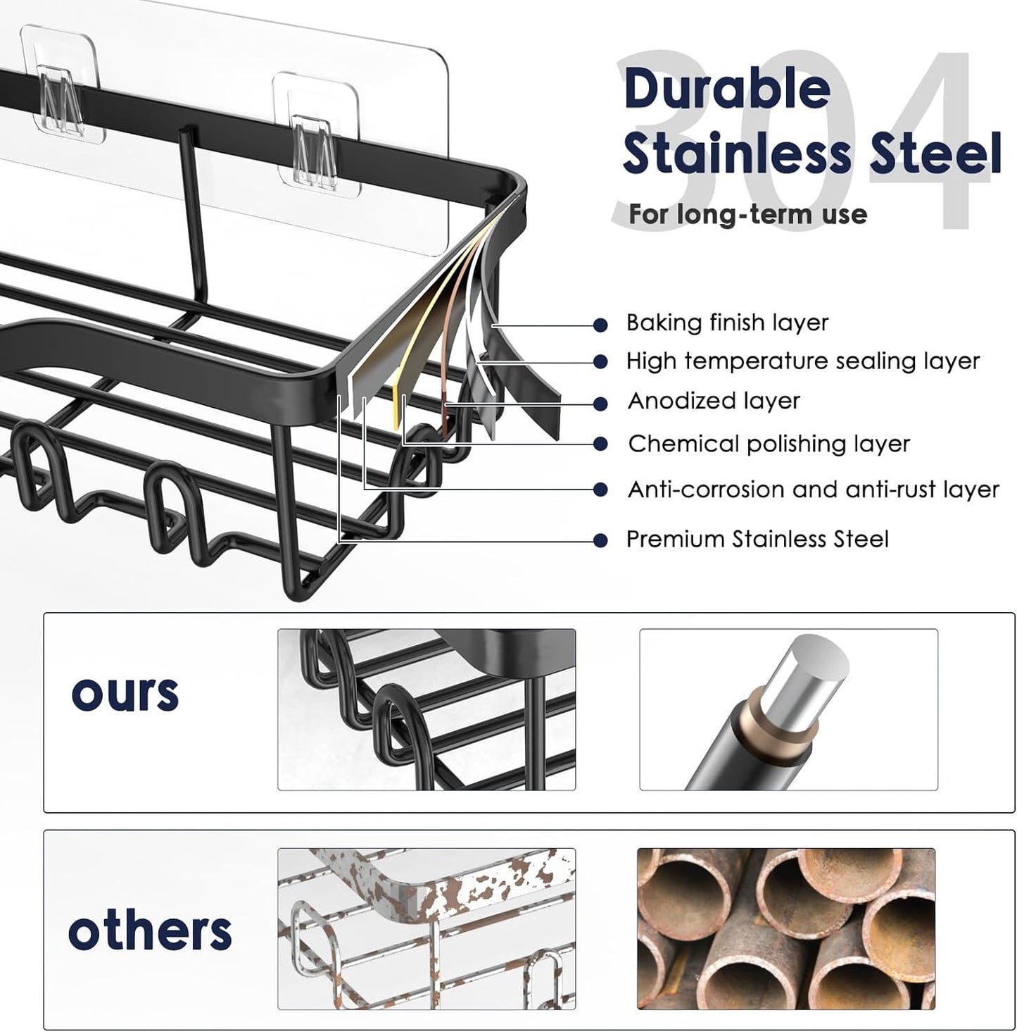 Shower Caddy Adhesive Shower Organizer 7-Pack, Rustproof Stainless Steel Bathroom Shelves, Large Capacity No-Drill Rack Storage Accessories with Soap Dish Toothbrush Holder &24 Hooks Home Decor