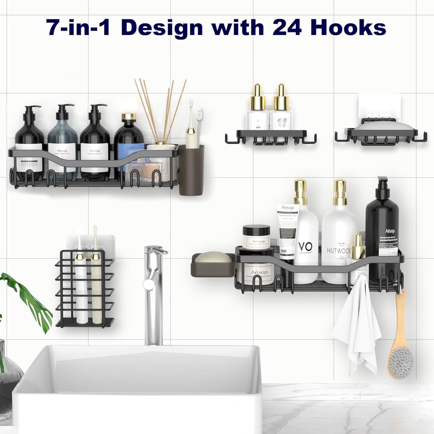 Shower Caddy Adhesive Shower Organizer 7-Pack, Rustproof Stainless Steel Bathroom Shelves, Large Capacity No-Drill Rack Storage Accessories with Soap Dish Toothbrush Holder &24 Hooks Home Decor