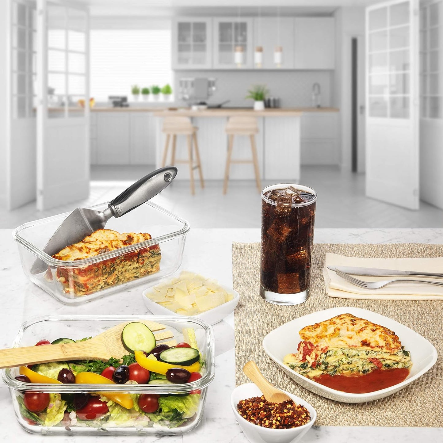 8 Cups/ 63 Oz 4 Piece (2 Containers + 2 Lids) Large Glass Food Storage/Baking Containers with Locking Lids Ideal for Storing Food, Vegetables or Fruits. BPA Free & Leak Proof - Microwave, Oven Safe