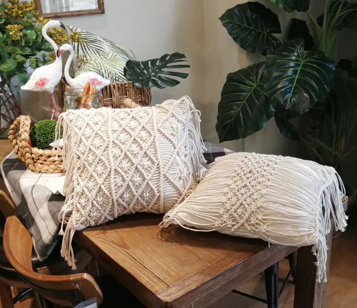 Handwoven Cotton Tassel Pillow Cover - Bohemian Style