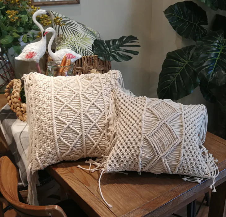 Handwoven Cotton Tassel Pillow Cover - Bohemian Style